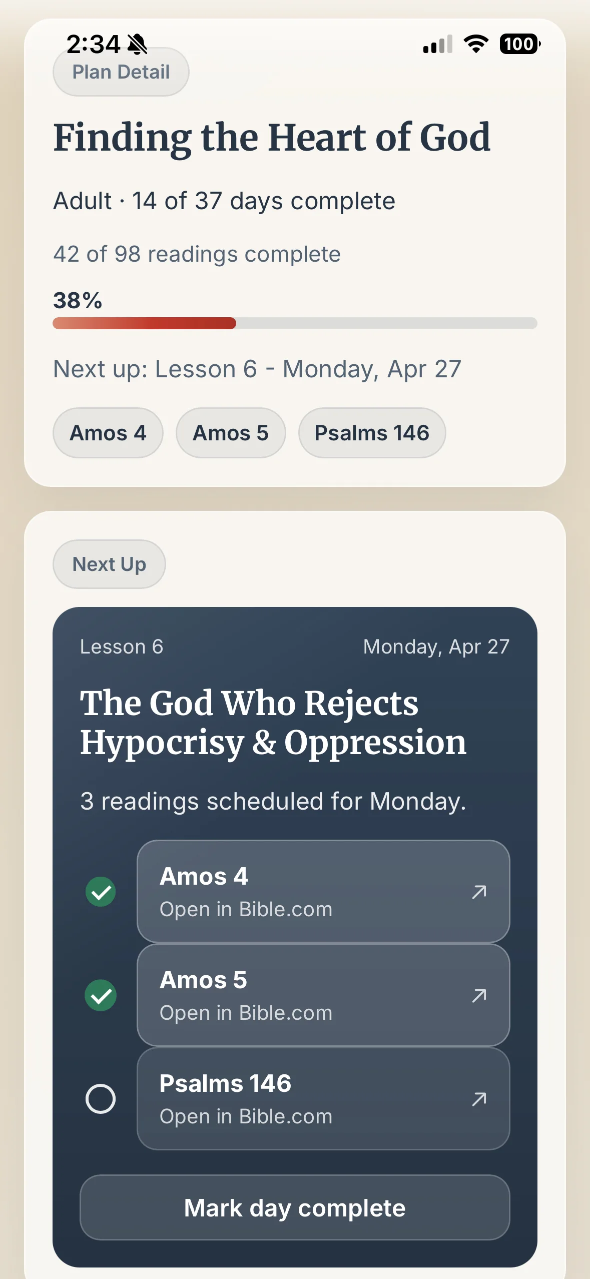 Phone screenshot showing a Steady Word plan detail with next readings, progress, and Bible links