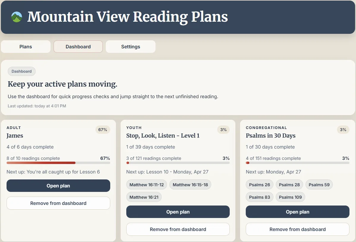 Steady Word dashboard showing active reading plans and progress