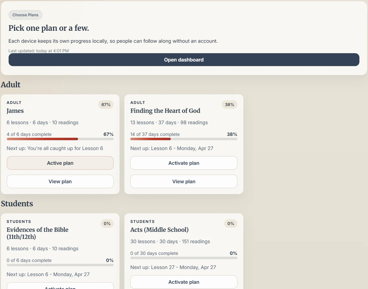 Steady Word plan selector showing multiple reading plans and classes
