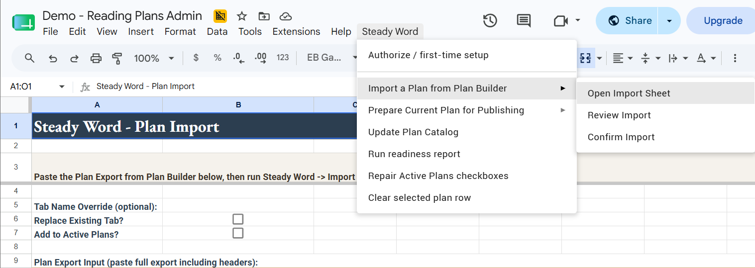Steady Word menu open in Admin workbook showing Import a Plan from Plan Builder submenu with Open Import Sheet, Review Import, and Confirm Import options, with the Import tab visible behind