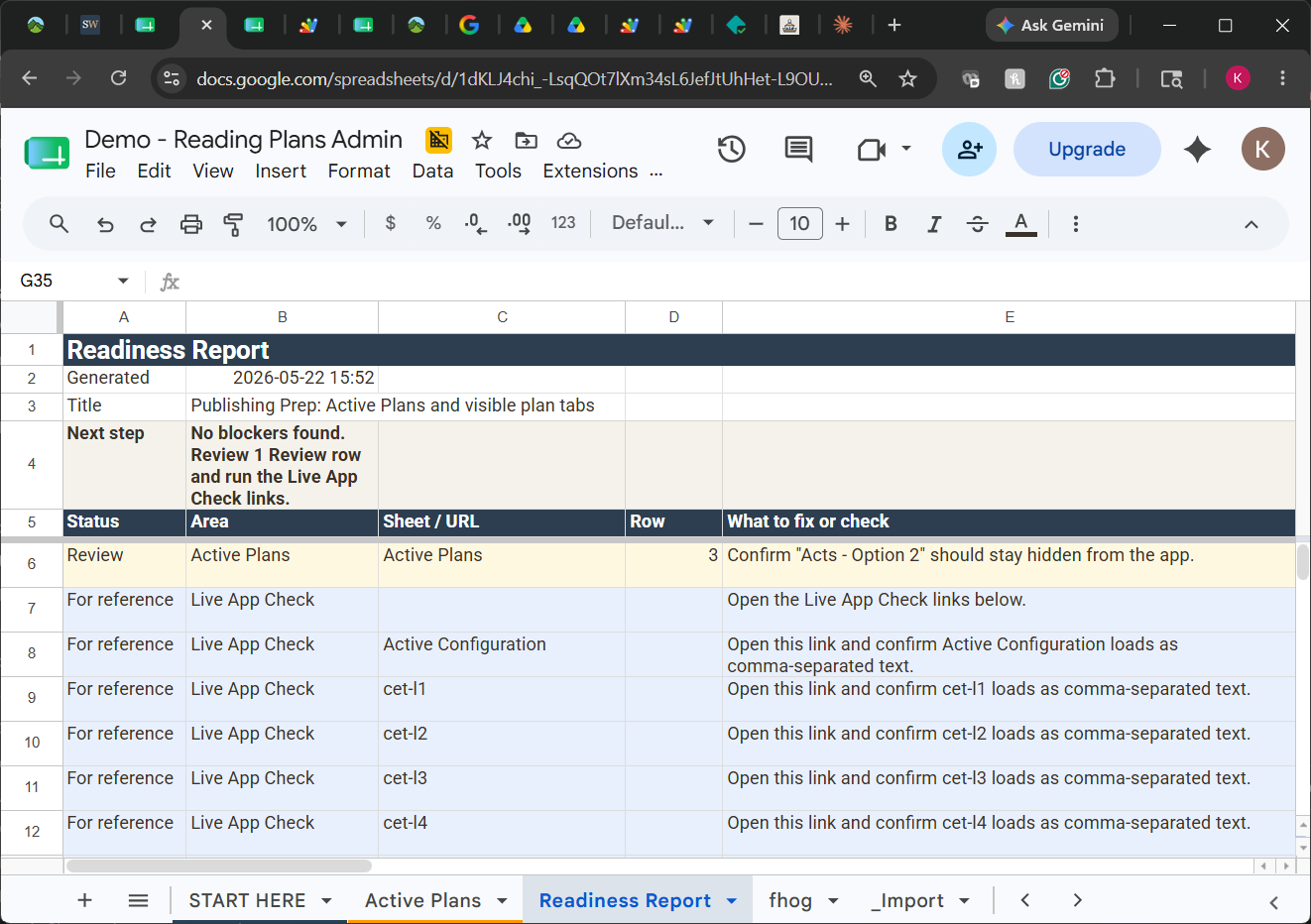 Readiness Report tab showing no blockers found message, one Review item, and For reference live app check links