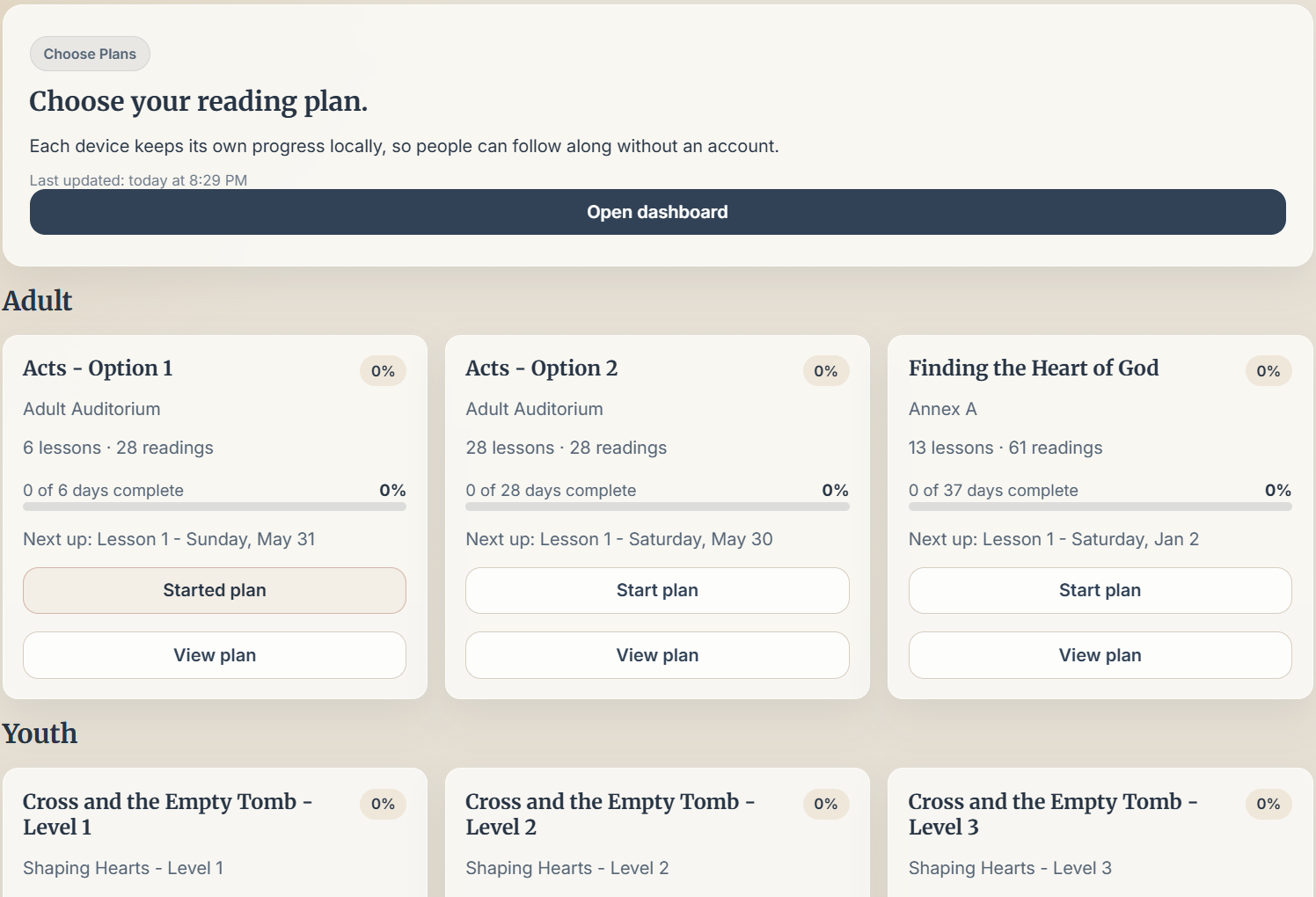 Steady Word app showing Adult and Youth plan groups with multiple plan cards, progress indicators, and Start Plan buttons