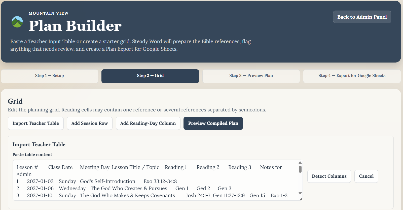 Plan Builder import panel with teacher table pasted showing lesson numbers, class dates, and reading references