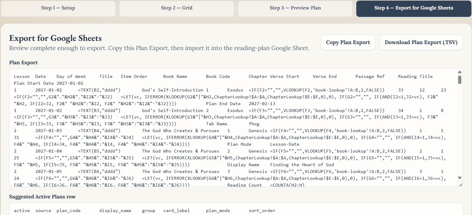 Plan Builder Step 4 Export for Google Sheets showing Copy Plan Export and Download Plan Export buttons