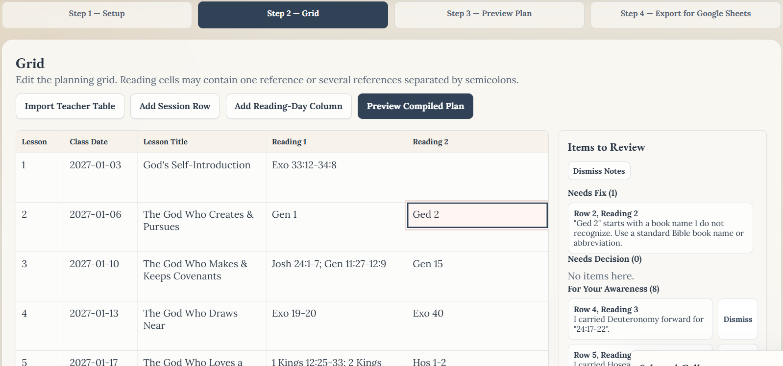 Plan Builder grid with Items to Review panel showing a Needs Fix error for an unrecognized book name