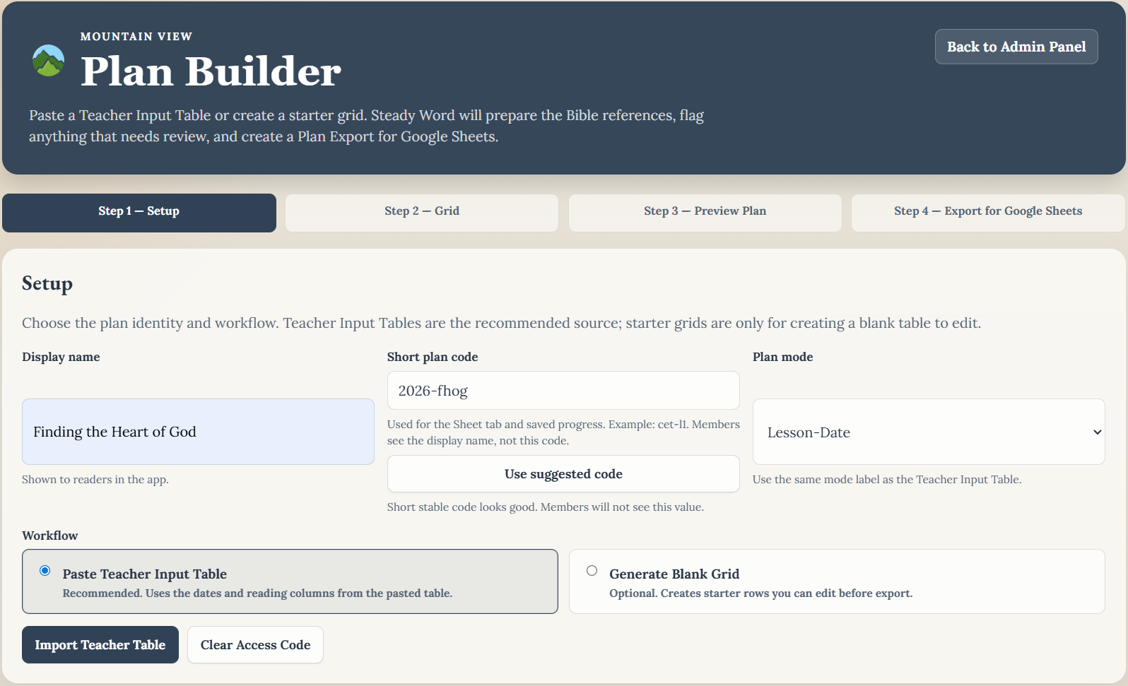 Plan Builder Step 1 Setup showing display name, short plan code, plan mode, and workflow options