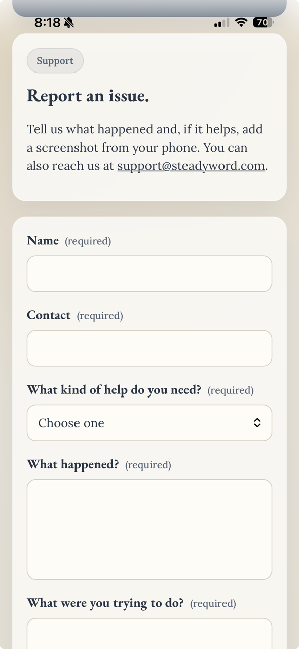 Support form showing fields for name, contact, issue type, description, and what the member was trying to do
