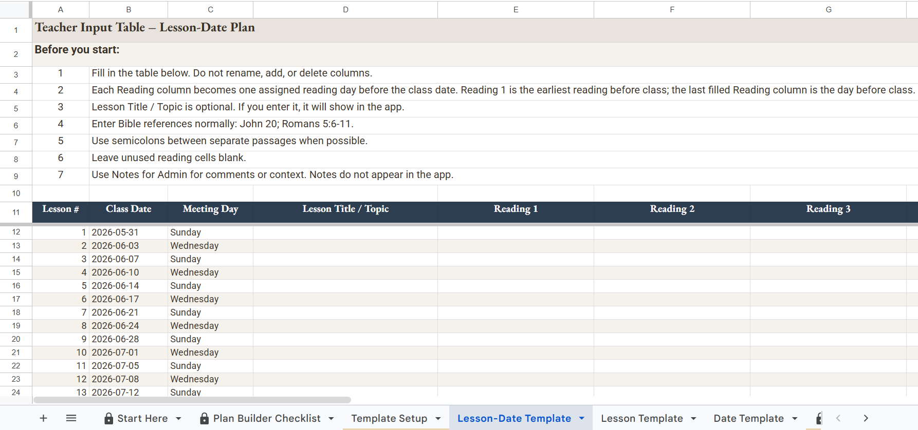Lesson-Date template tab showing instruction block and pre-filled class dates with empty reading columns