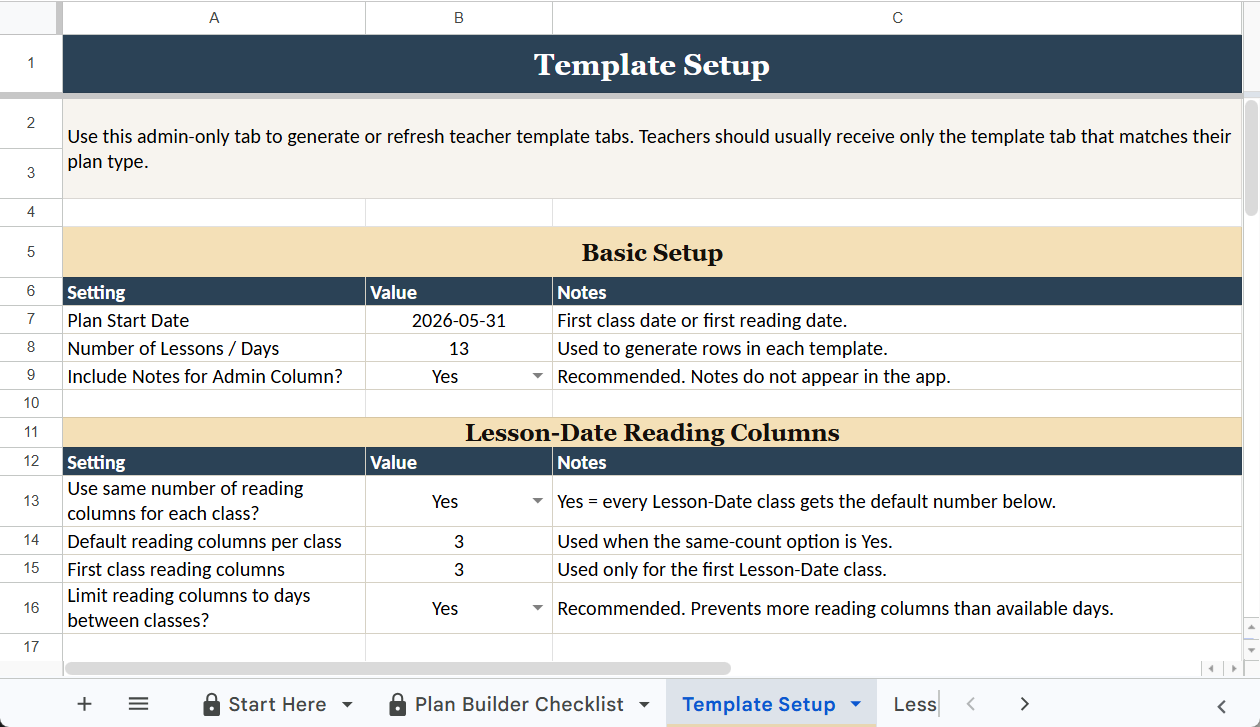 Template Setup tab showing plan start date, number of lessons, and reading column settings