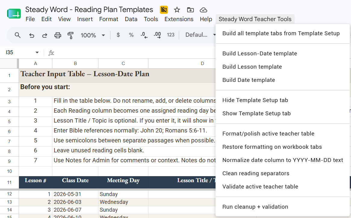 Steady Word Teacher Tools menu showing build, format, normalize, validate, and cleanup options